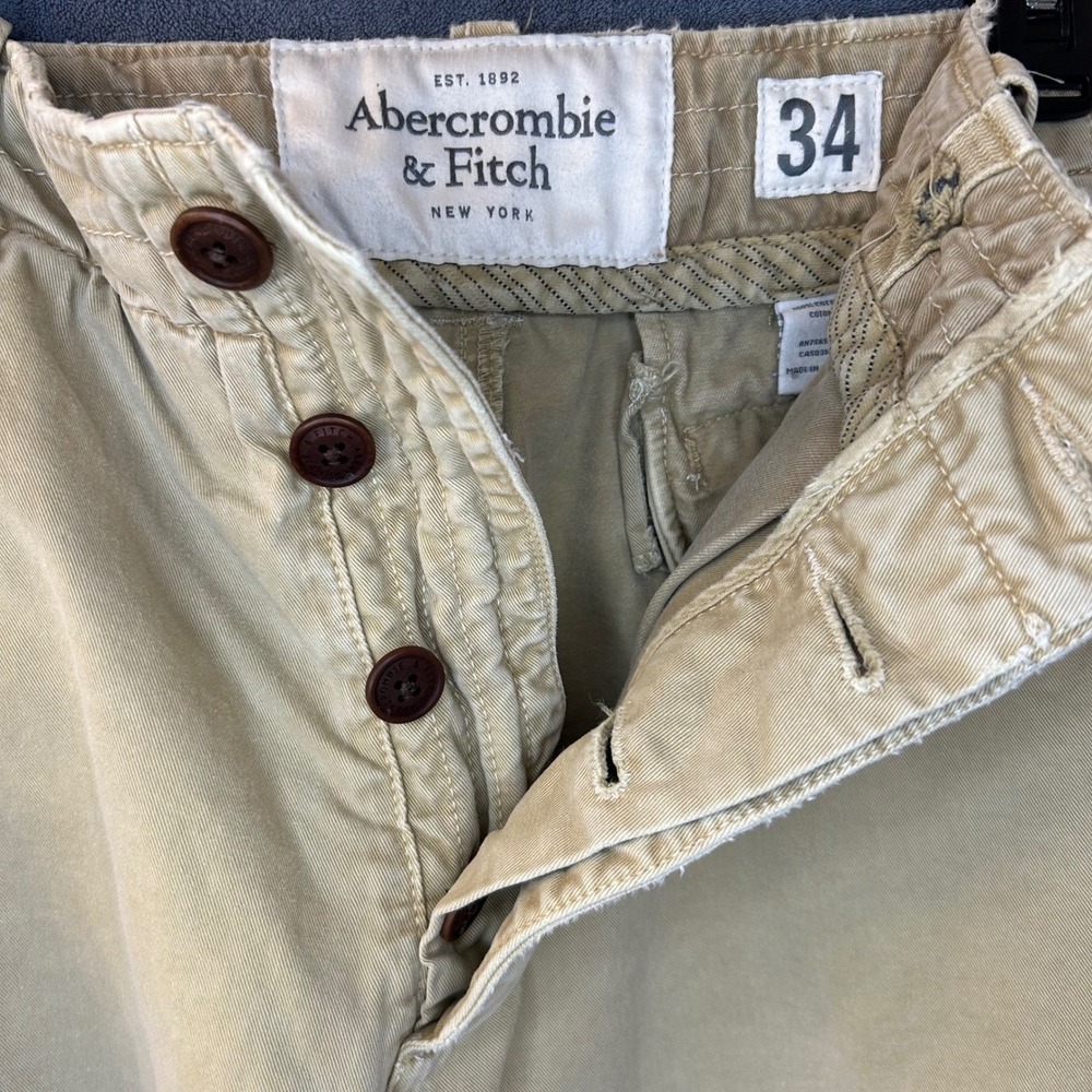 Abercrombie & Fitch Mens 36W (34 Tag) Button Fly Khaki Chino Shorts Distressed